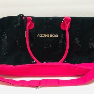 Victoria's Secret Bag Hot Pink And Black Sequins Weekend Tote Silver VS Charm
